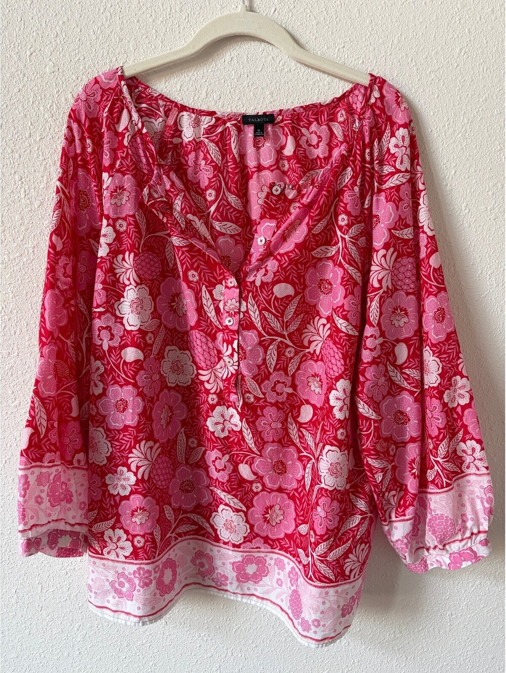 Talbots Floral Paradise Popover Top Size XL Pink Bohemian Colorful Cotton Beach